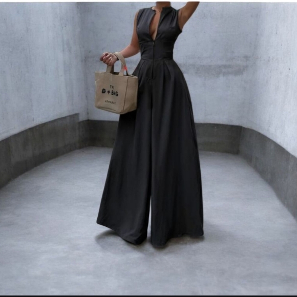 Elegant Black Wide-Leg Jumpsuit Sleeveless Zipper‎ Front 3xl High Waisted Loose